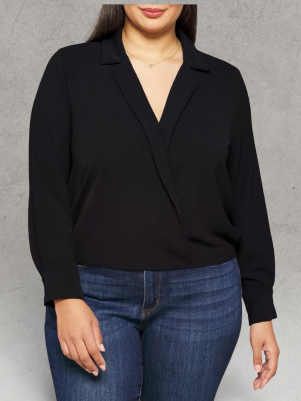 Kaileigh Black Surplice Long-Sleeve Blouse